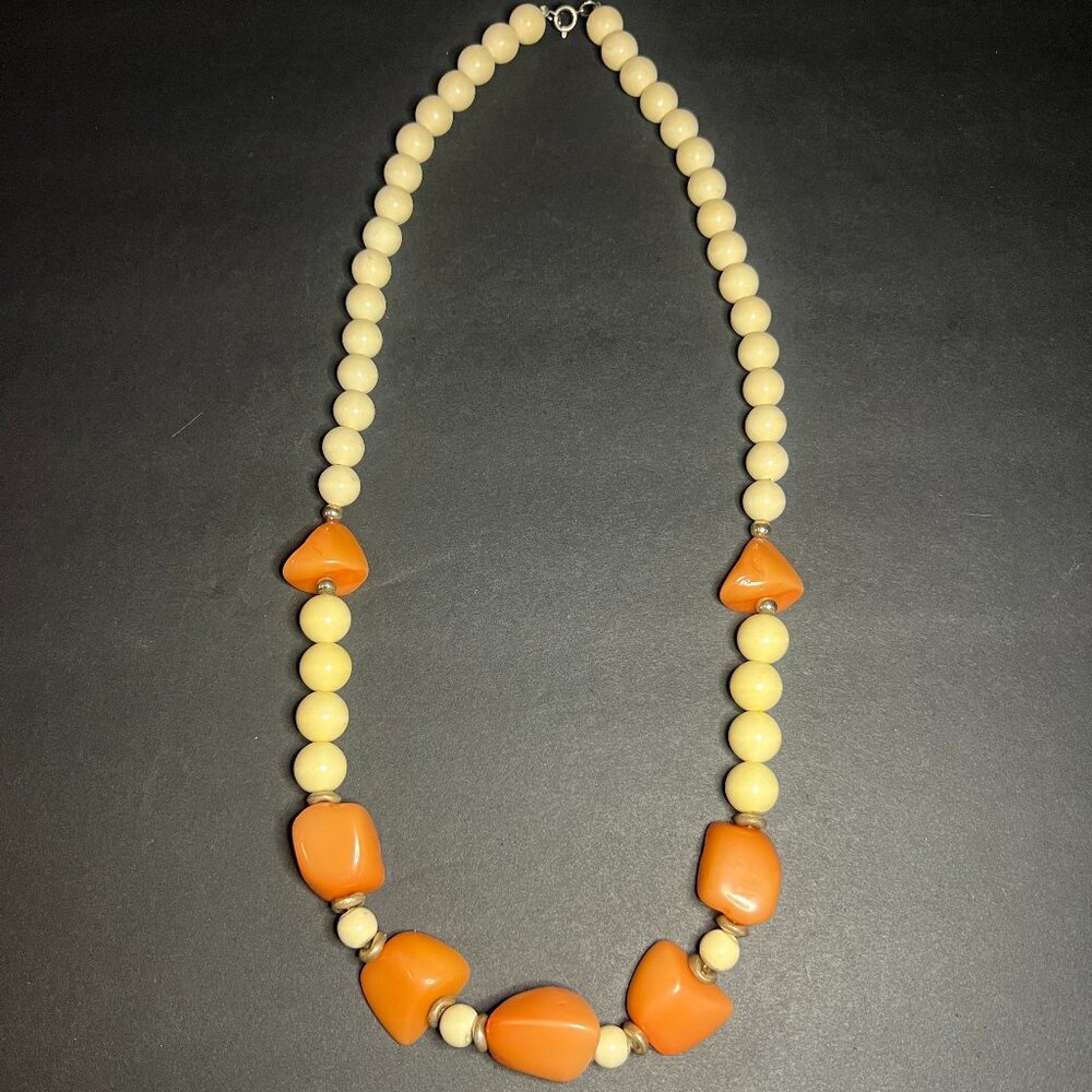 Vintage Butterscotch Orange & Cream Colored Chunky Beaded Statement Necklace 30"